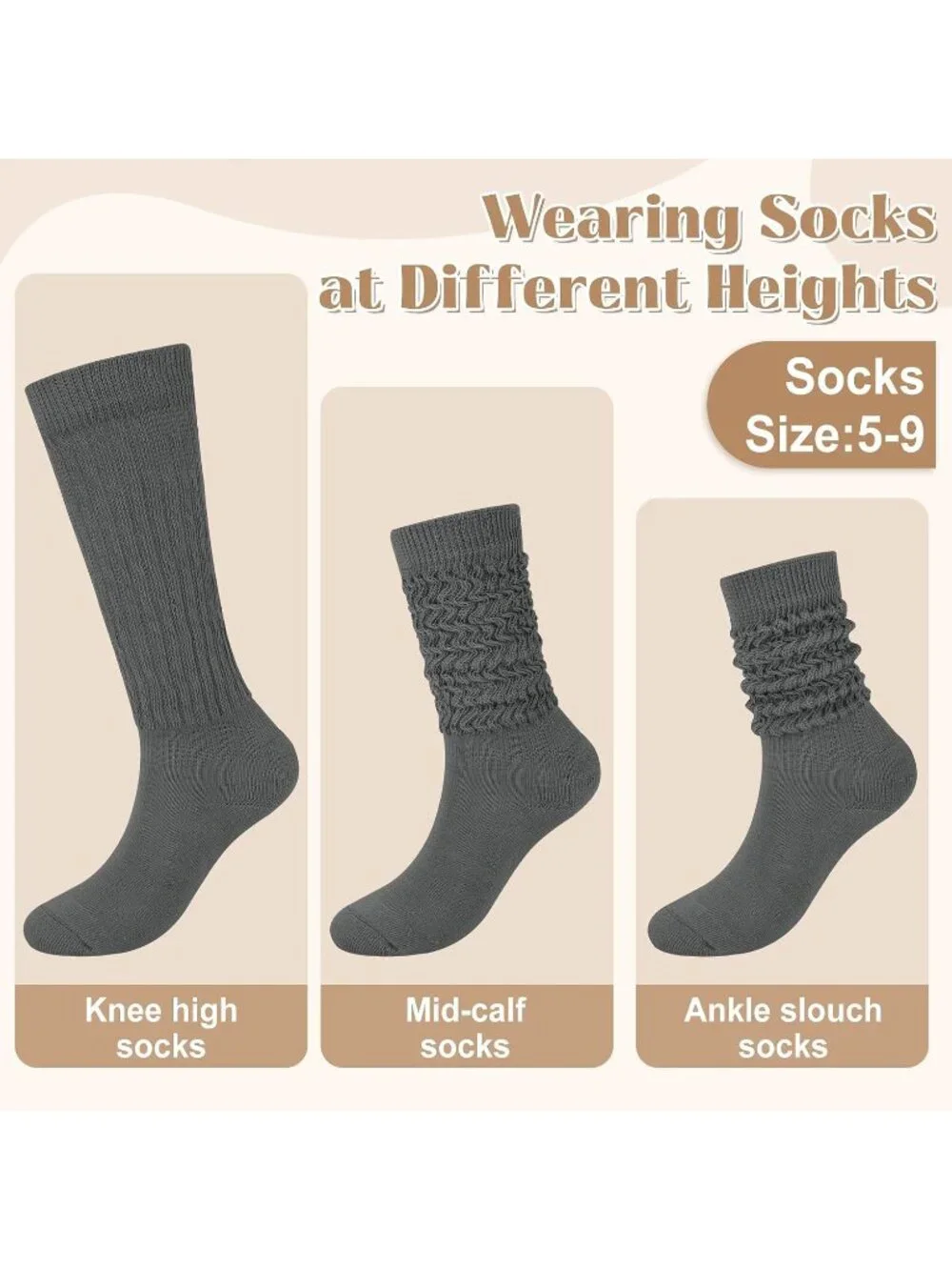 🧦Women's Brown Grey 4 Pairs Slouchy Socks Boot Long Knee High Slouch Socks